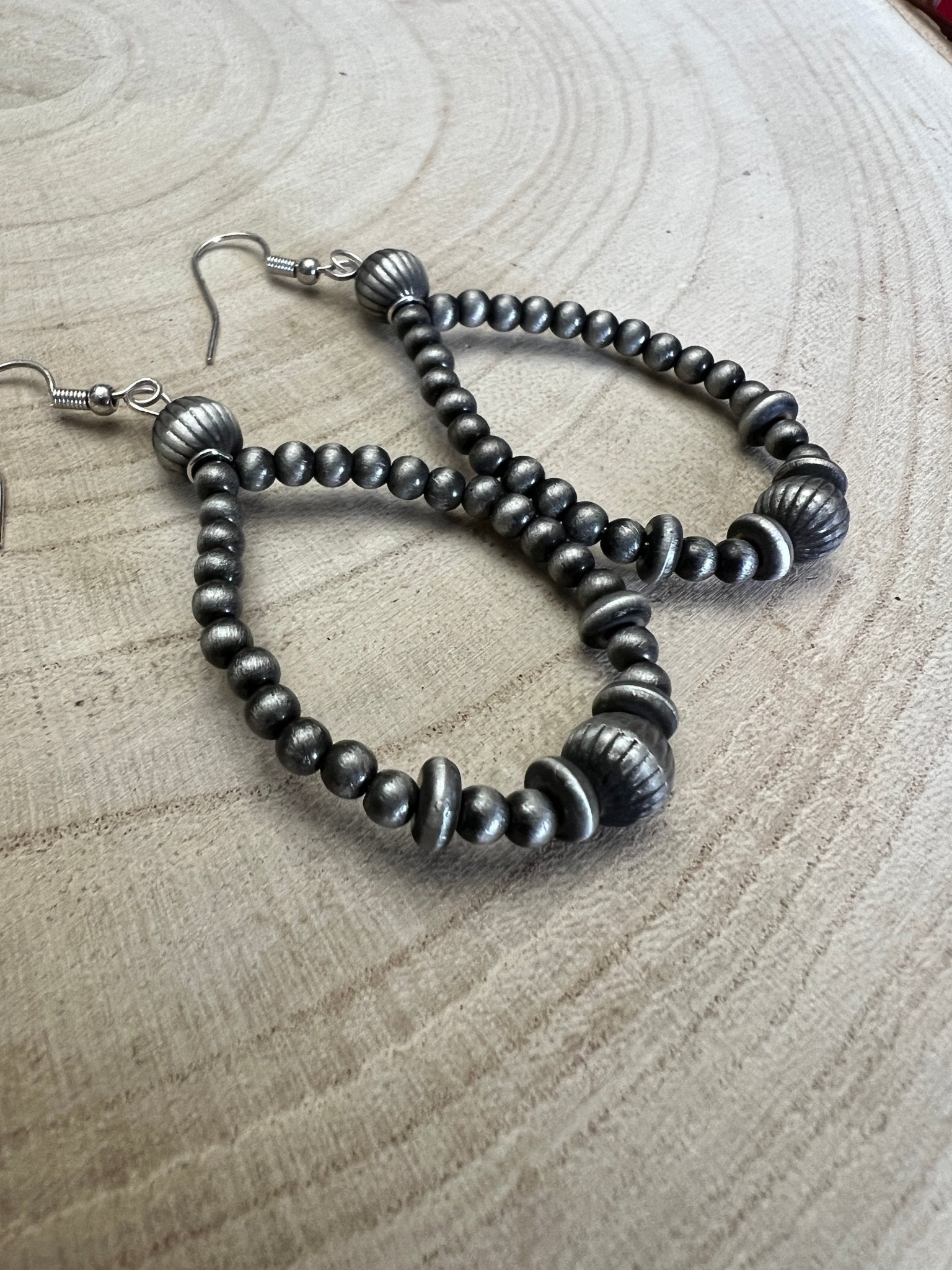 Western Desert Pearl Teardrop Earrings - 2" Faux Sterling Saucer Dangles - Cowhide and Conchos