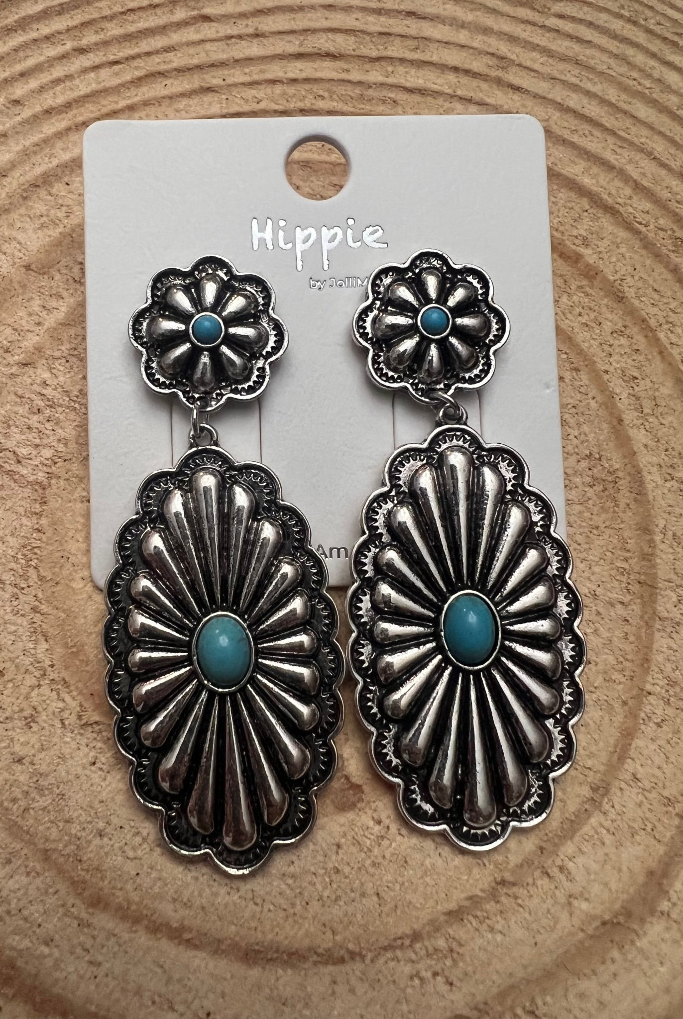 Western Double Concho Earrings with Faux Turquoise - Cowhide and Conchos