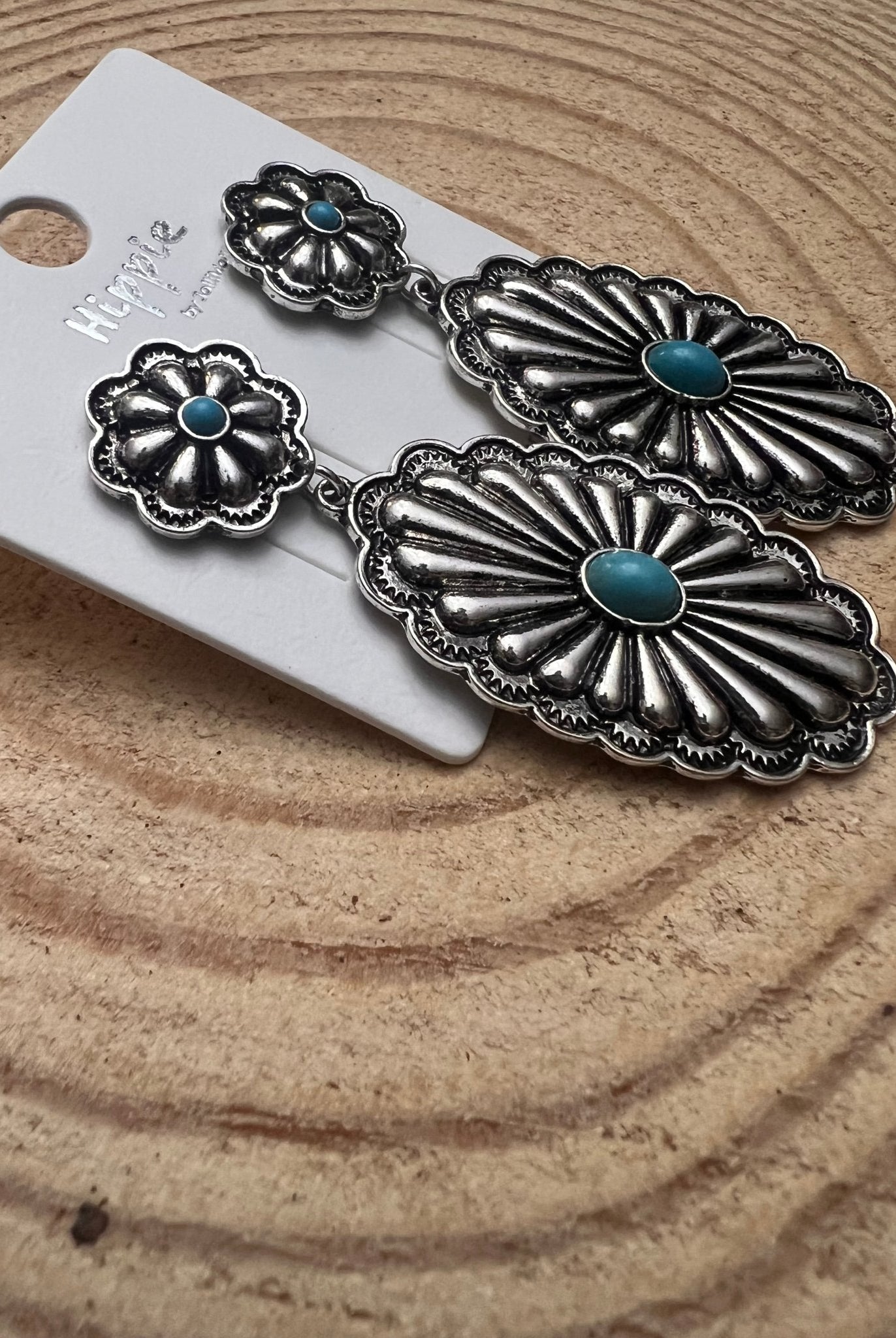 Western Double Concho Earrings with Faux Turquoise - Cowhide and Conchos