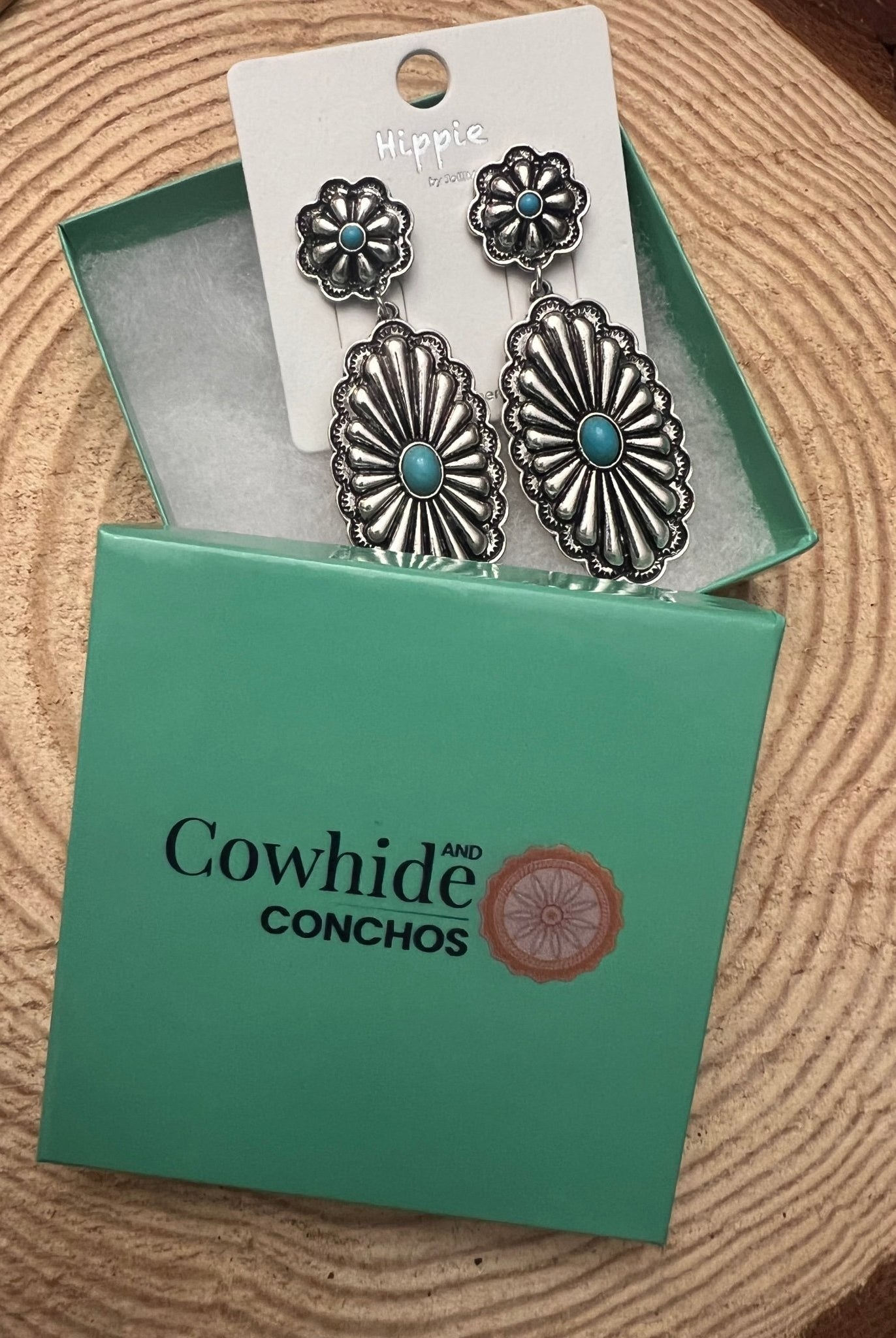 Western Double Concho Earrings with Faux Turquoise - Cowhide and Conchos