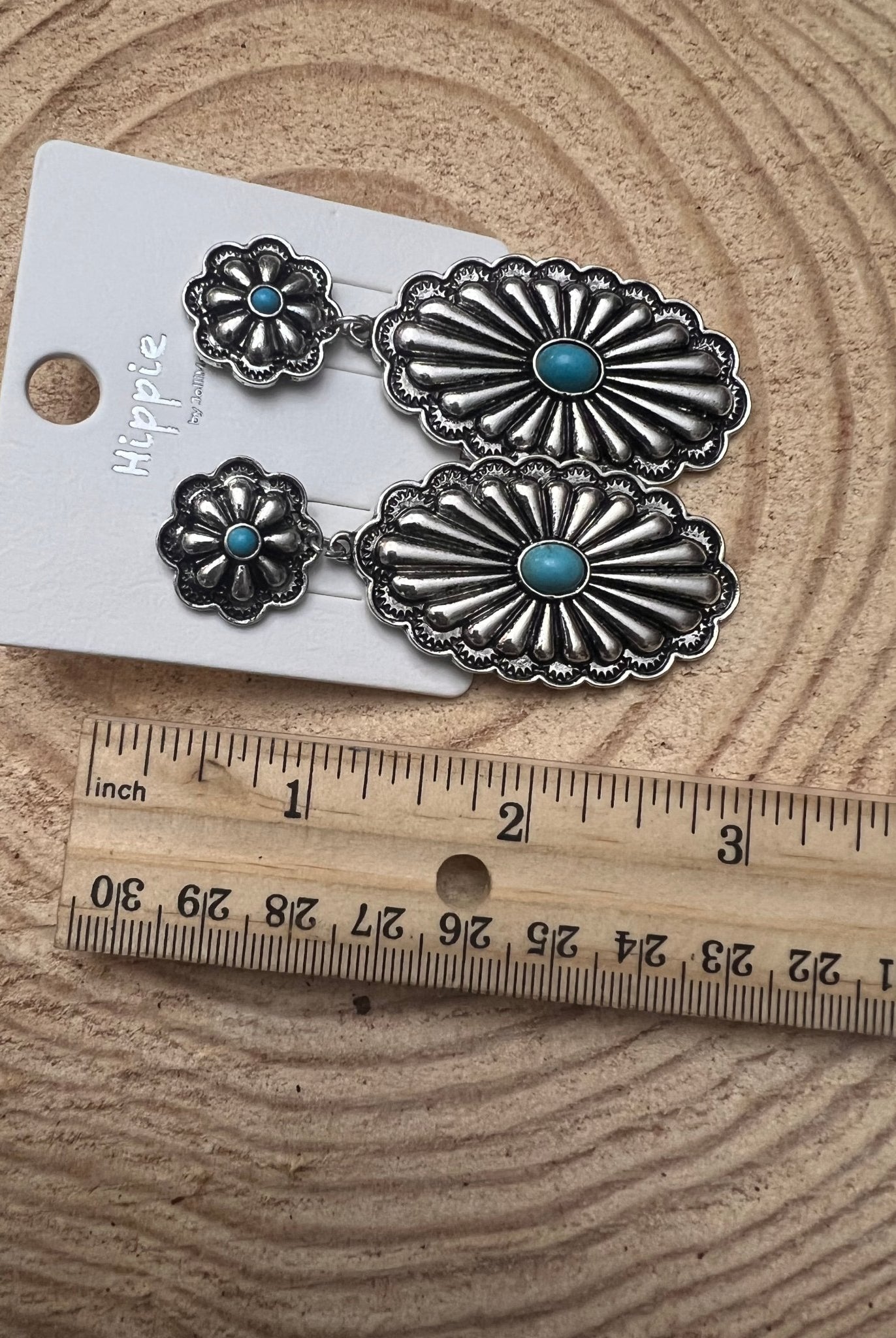 Western Double Concho Earrings with Faux Turquoise - Cowhide and Conchos