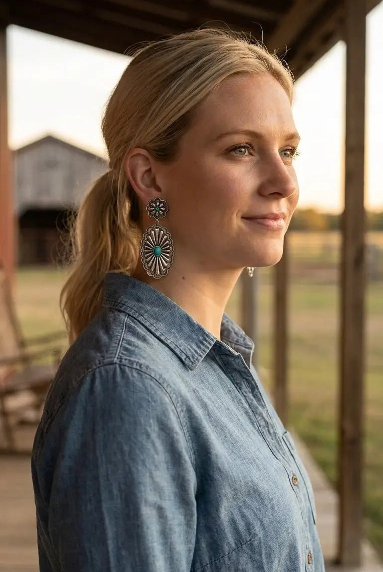 Western Double Concho Earrings with Faux Turquoise — Bold 3" Drop - Cowhide and Conchos