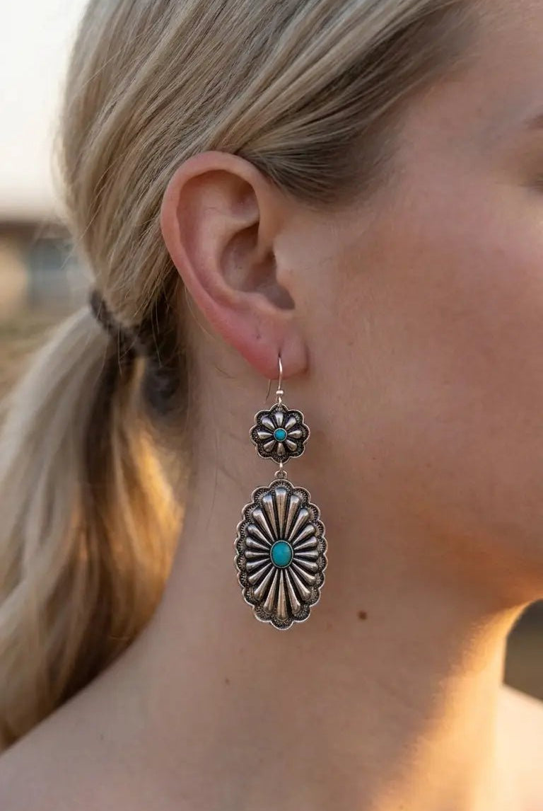 Western Double Concho Earrings with Faux Turquoise — Bold 3" Drop - Cowhide and Conchos
