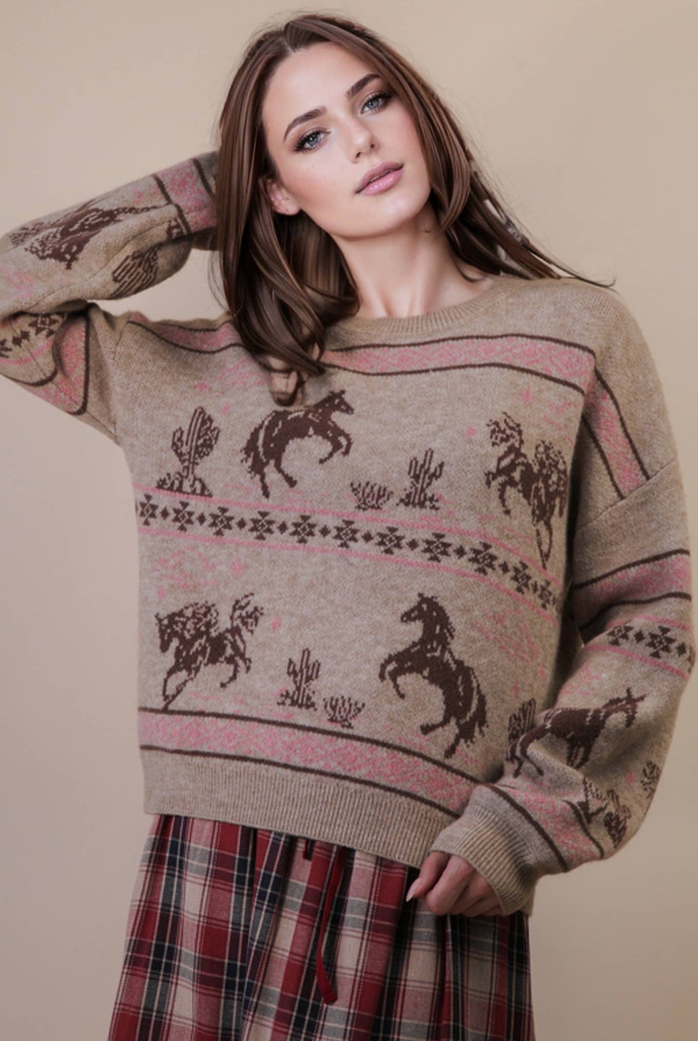 Western Express Knit Sweater - Taupe or Mauve - Cowhide and Conchos
