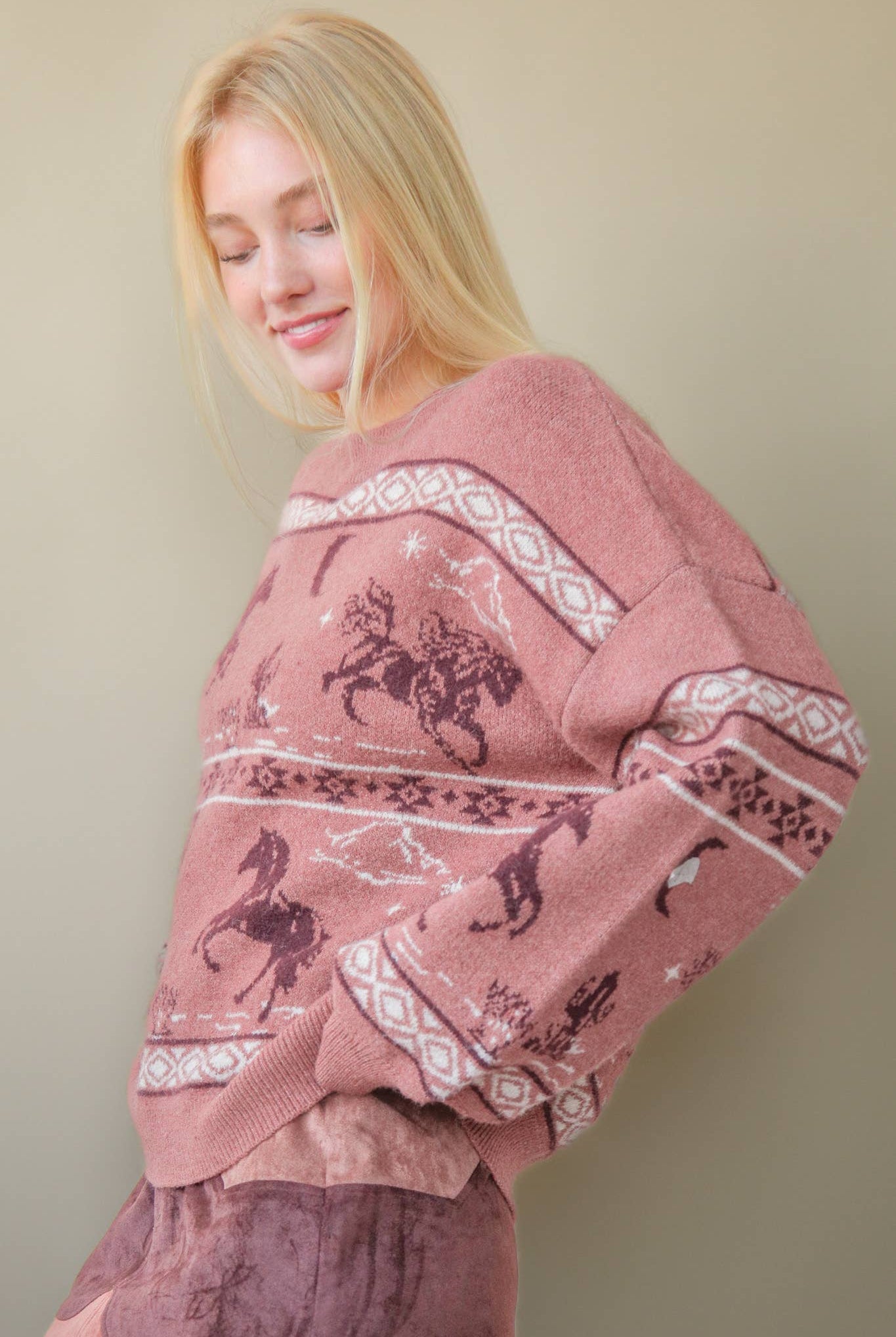 Western Express Knit Sweater - Taupe or Mauve - Cowhide and Conchos