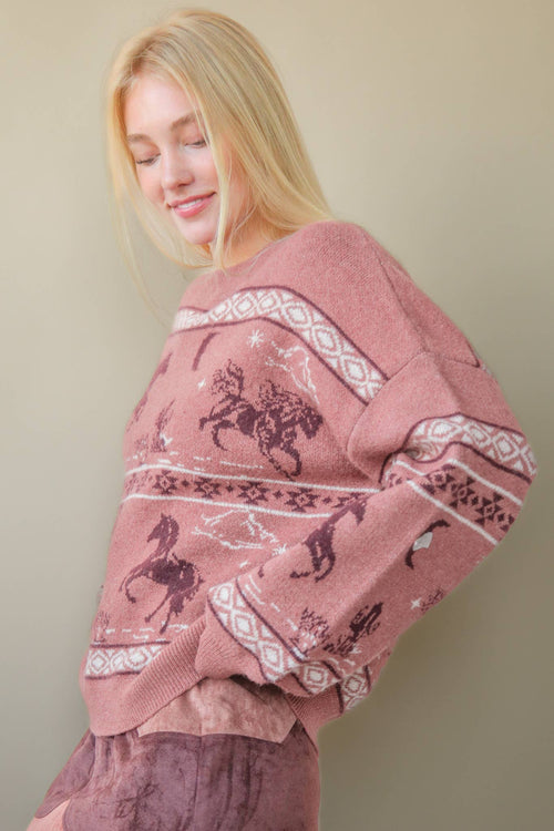 Western Express Knit Sweater - Taupe or Mauve - Cowhide and Conchos