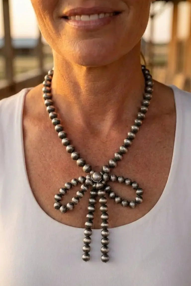 Western Faux Bow Pearl Necklace — 10mm Faux Sterling Pearls (16 Inch) - Cowhide and Conchos