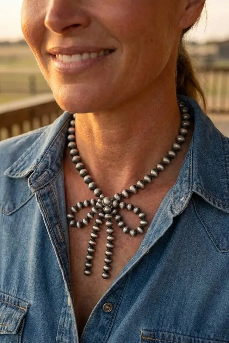 Western Faux Bow Pearl Necklace — 10mm Faux Sterling Pearls (16 Inch) - Cowhide and Conchos