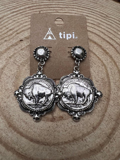 Western Faux Buffalo Coin Stud Earrings - Cowhide and Conchos