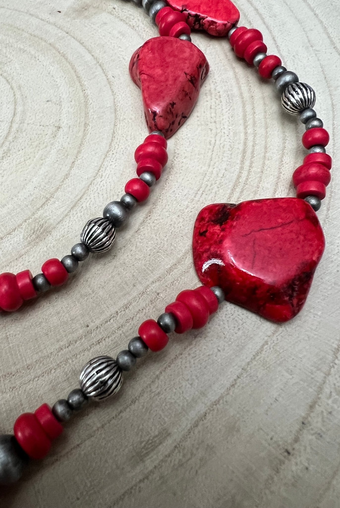 Western Faux Pearl Statement Necklace with Red Stone - 32 inch - Cowhide and Conchos