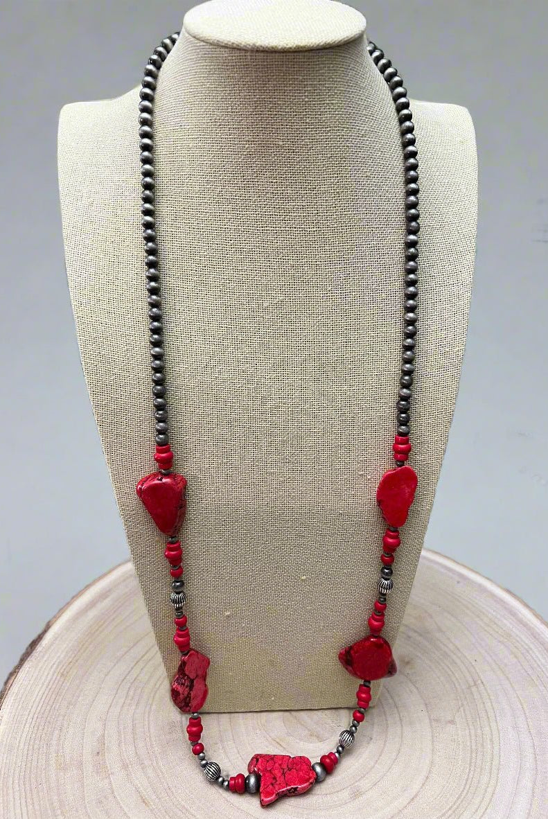 Western Faux Pearl Statement Necklace with Red Stone - 32 inch - Cowhide and Conchos