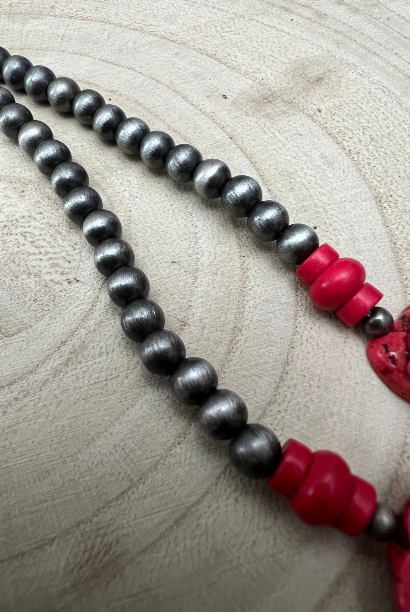 Western Faux Pearl Statement Necklace with Red Stone - 32 inch - Cowhide and Conchos