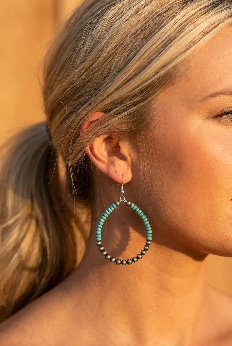 Western Faux Pearl & Turquoise Hoop Earrings with Disc Detail — 2½" Drop - Cowhide and Conchos