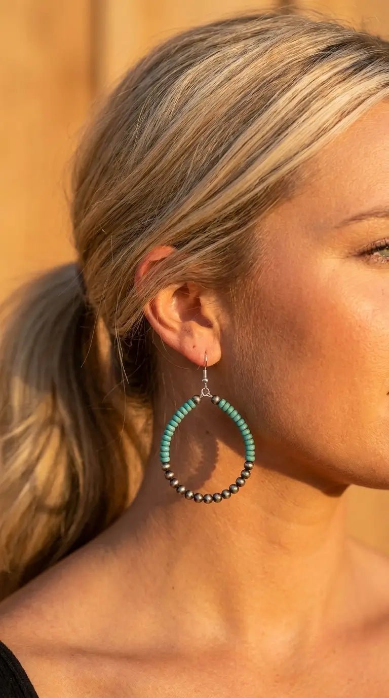 Western Faux Pearl & Turquoise Hoop Earrings with Disc Detail — 2½" Drop - Cowhide and Conchos