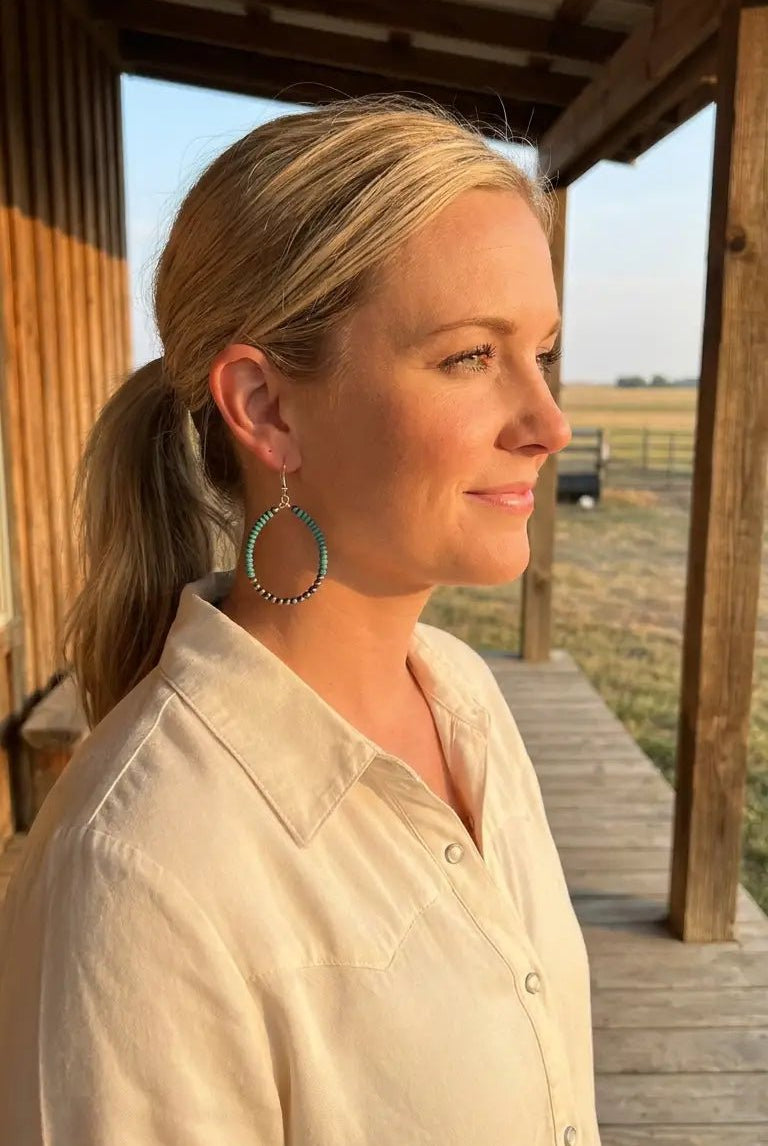 Western Faux Pearl & Turquoise Hoop Earrings with Disc Detail — 2½" Drop - Cowhide and Conchos