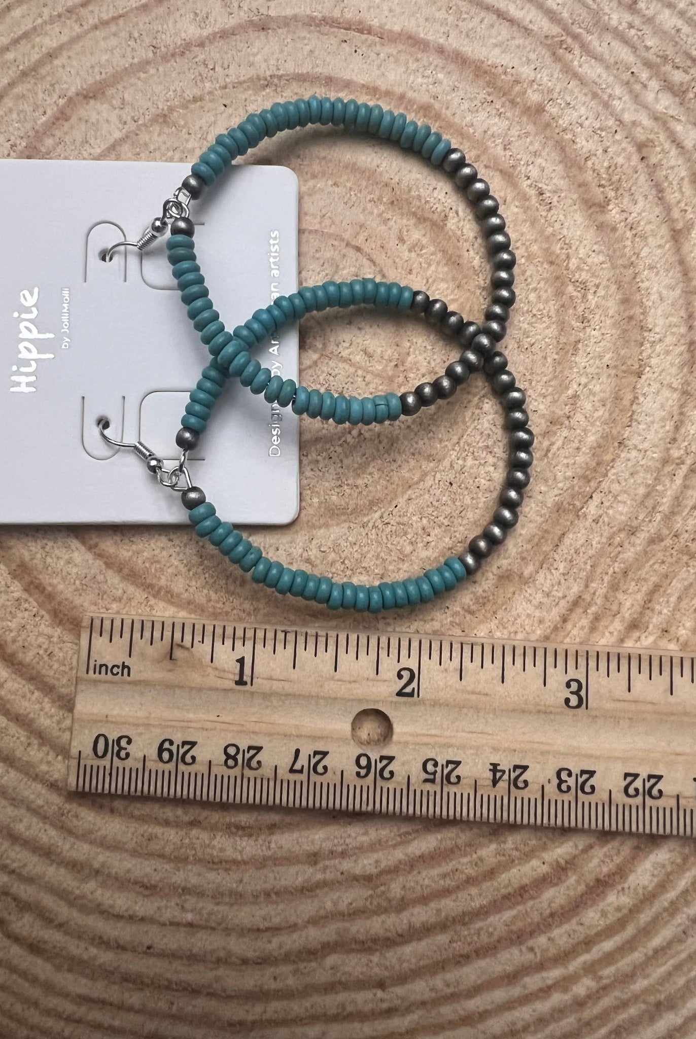 Western Faux Pearls and Faux Turquoise Hoop Earrings - 2 1/2 inch drop - Cowhide and Conchos