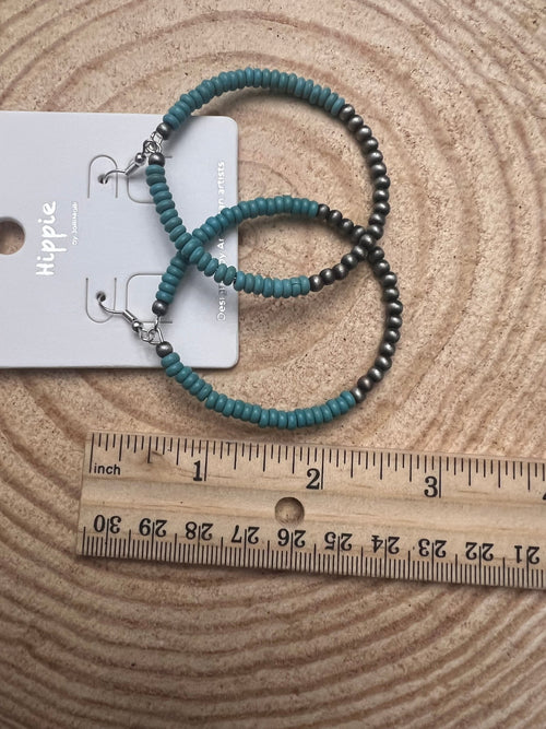 Western Faux Pearls and Faux Turquoise Hoop Earrings - 2 1/2 inch drop - Cowhide and Conchos
