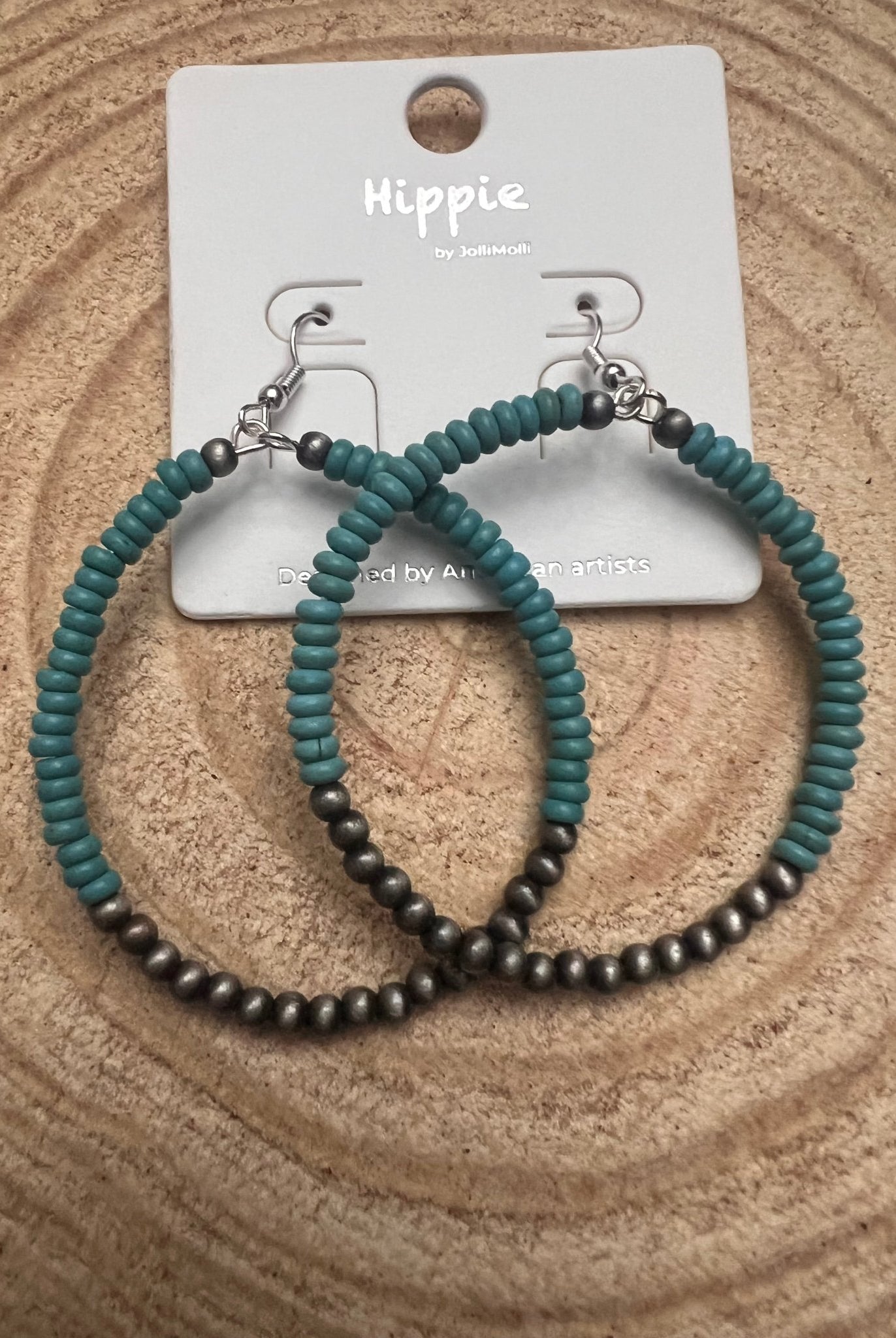 Western Faux Pearls and Faux Turquoise Hoop Earrings - 2 1/2 inch drop - Cowhide and Conchos