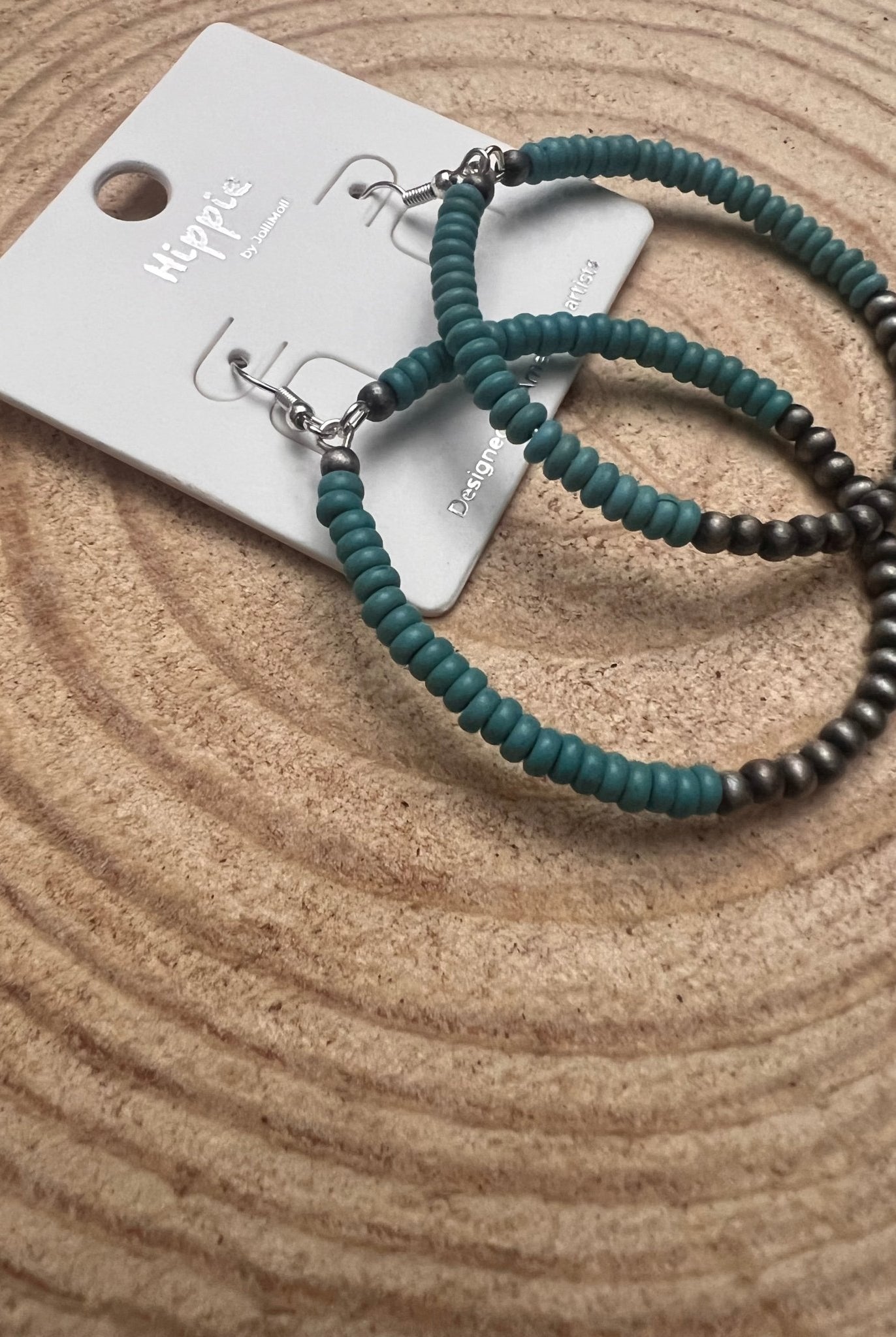 Western Faux Pearls and Faux Turquoise Hoop Earrings - 2 1/2 inch drop - Cowhide and Conchos