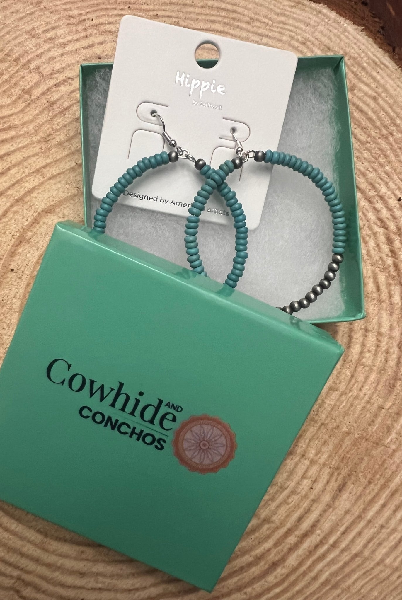 Western Faux Pearls and Faux Turquoise Hoop Earrings - 2 1/2 inch drop - Cowhide and Conchos
