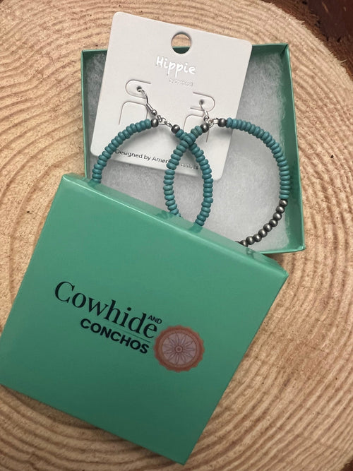 Western Faux Pearls and Faux Turquoise Hoop Earrings - 2 1/2 inch drop - Cowhide and Conchos