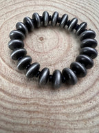 Western Faux Saucer Pearl Stretch Bracelet with Black Stone - 6 1/2 inch - Cowhide and Conchos