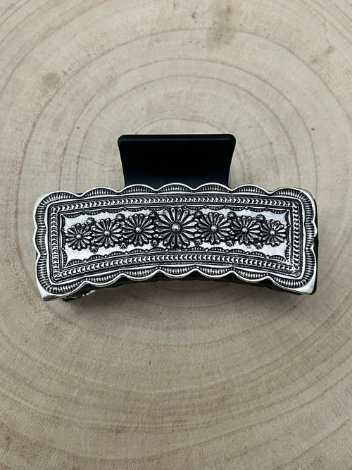 Western Faux Silver Claw Clip - Cowhide and Conchos