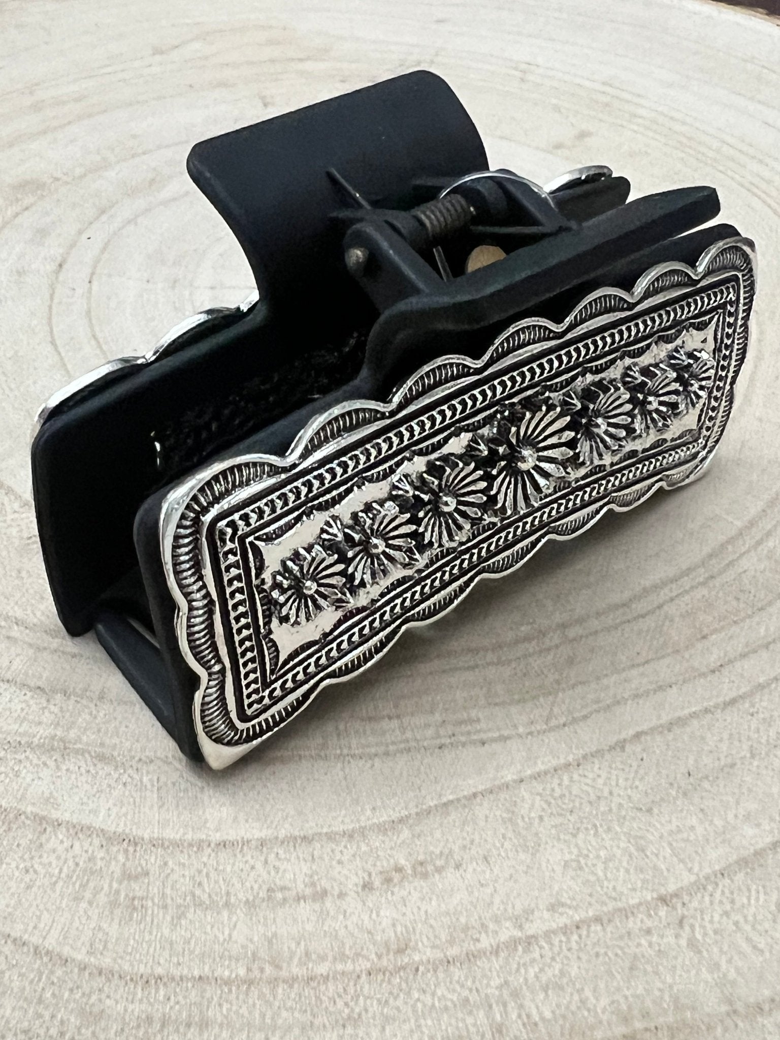 Western Faux Silver Claw Clip - Cowhide and Conchos