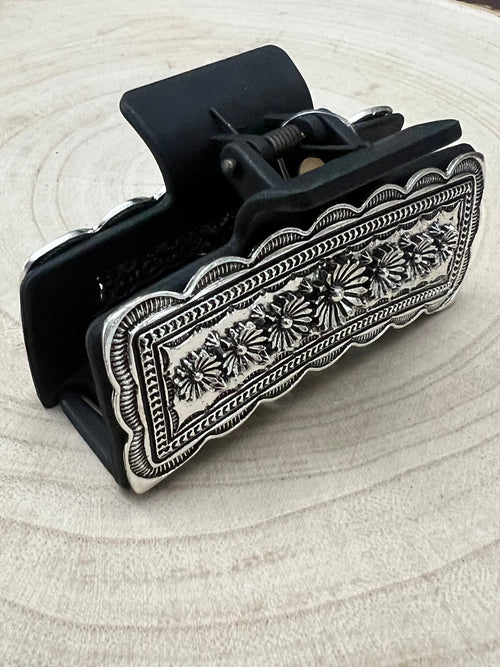 Western Faux Silver Claw Clip - Cowhide and Conchos