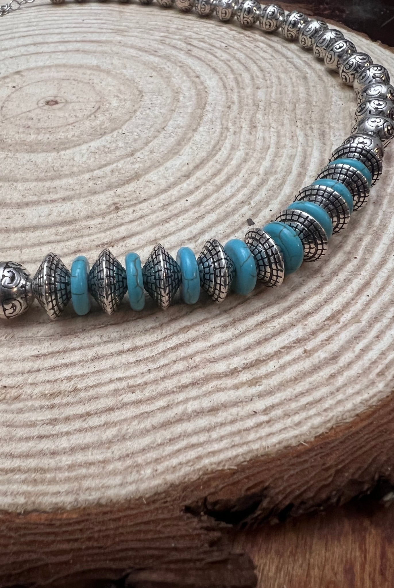 Western Faux Stamped Sterling Pearls, Saucers and Turquoise - 24 inch + 3 - Cowhide and Conchos