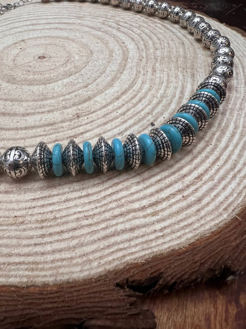 Western Faux Stamped Sterling Pearls, Saucers and Turquoise - 24 inch + 3 - Cowhide and Conchos