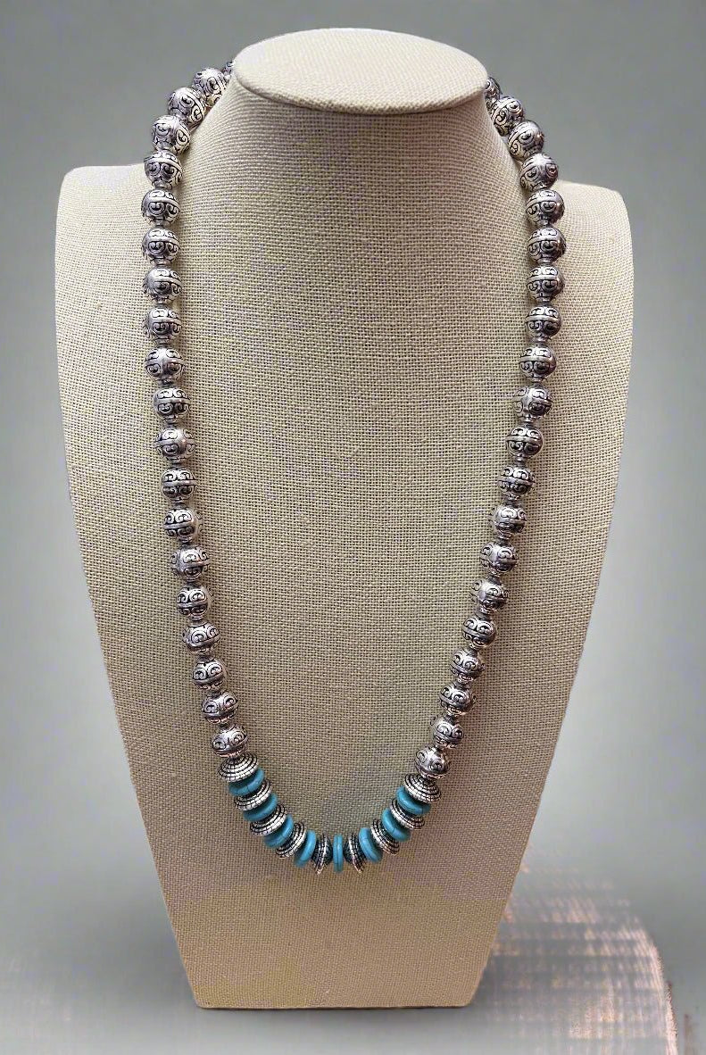 Western Faux Stamped Sterling Pearls, Saucers and Turquoise - 24 inch + 3 - Cowhide and Conchos