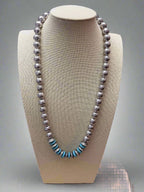 Western Faux Stamped Sterling Pearls, Saucers and Turquoise - 24 inch + 3 - Cowhide and Conchos