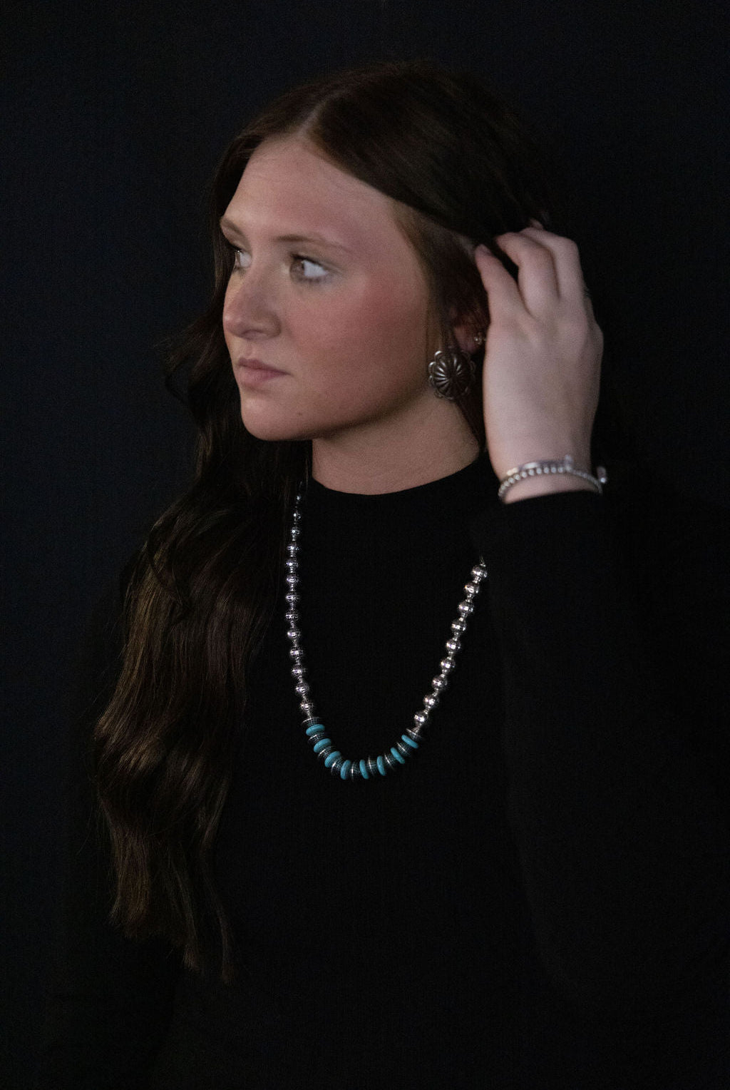 Western Faux Stamped Sterling Pearls, Saucers and Turquoise - 24 inch + 3 - Cowhide and Conchos