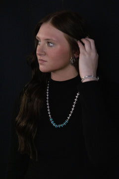 Western Faux Stamped Sterling Pearls, Saucers and Turquoise - 24 inch + 3 - Cowhide and Conchos