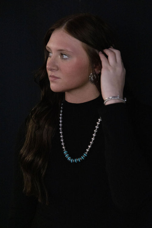 Western Faux Stamped Sterling Pearls, Saucers and Turquoise - 24 inch + 3 - Cowhide and Conchos