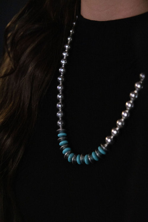 Western Faux Stamped Sterling Pearls, Saucers and Turquoise - 24 inch + 3 - Cowhide and Conchos