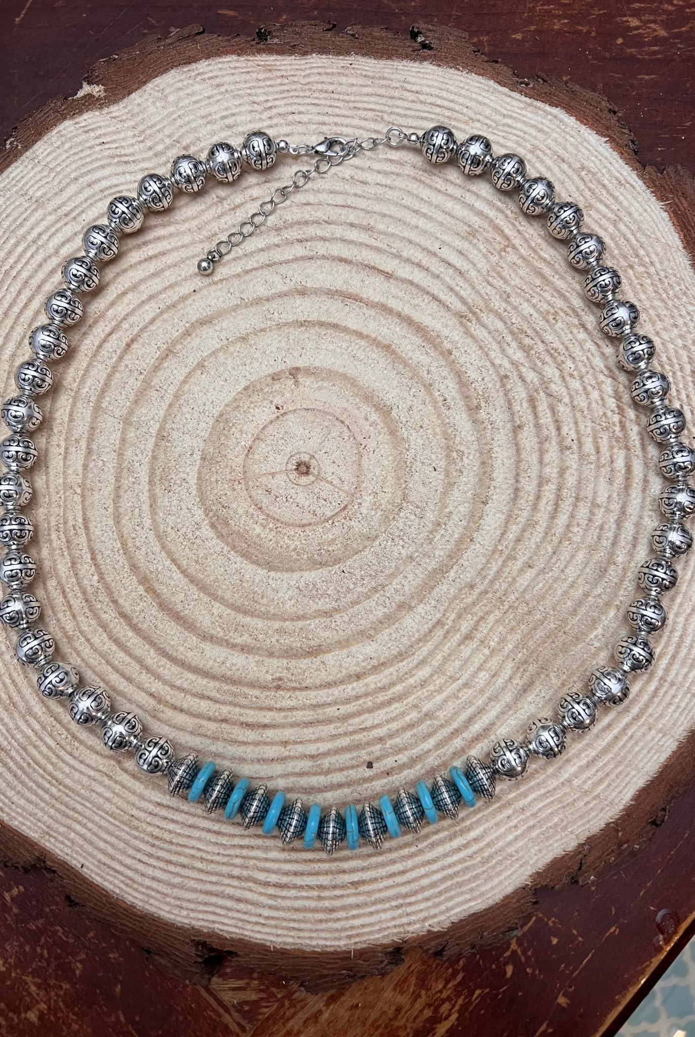 Western Faux Stamped Sterling Pearls, Saucers and Turquoise - 24 inch + 3 - Cowhide and Conchos