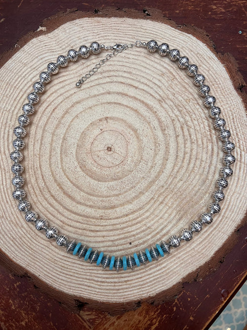 Western Faux Stamped Sterling Pearls, Saucers and Turquoise - 24 inch + 3 - Cowhide and Conchos