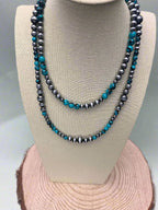 Western Faux Sterling Pearl and Faux Turquoise Necklace - 18 and 22 inch set - Cowhide and Conchos