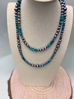 Western Faux Sterling Pearl and Faux Turquoise Necklace - 18 and 22 inch set - Cowhide and Conchos
