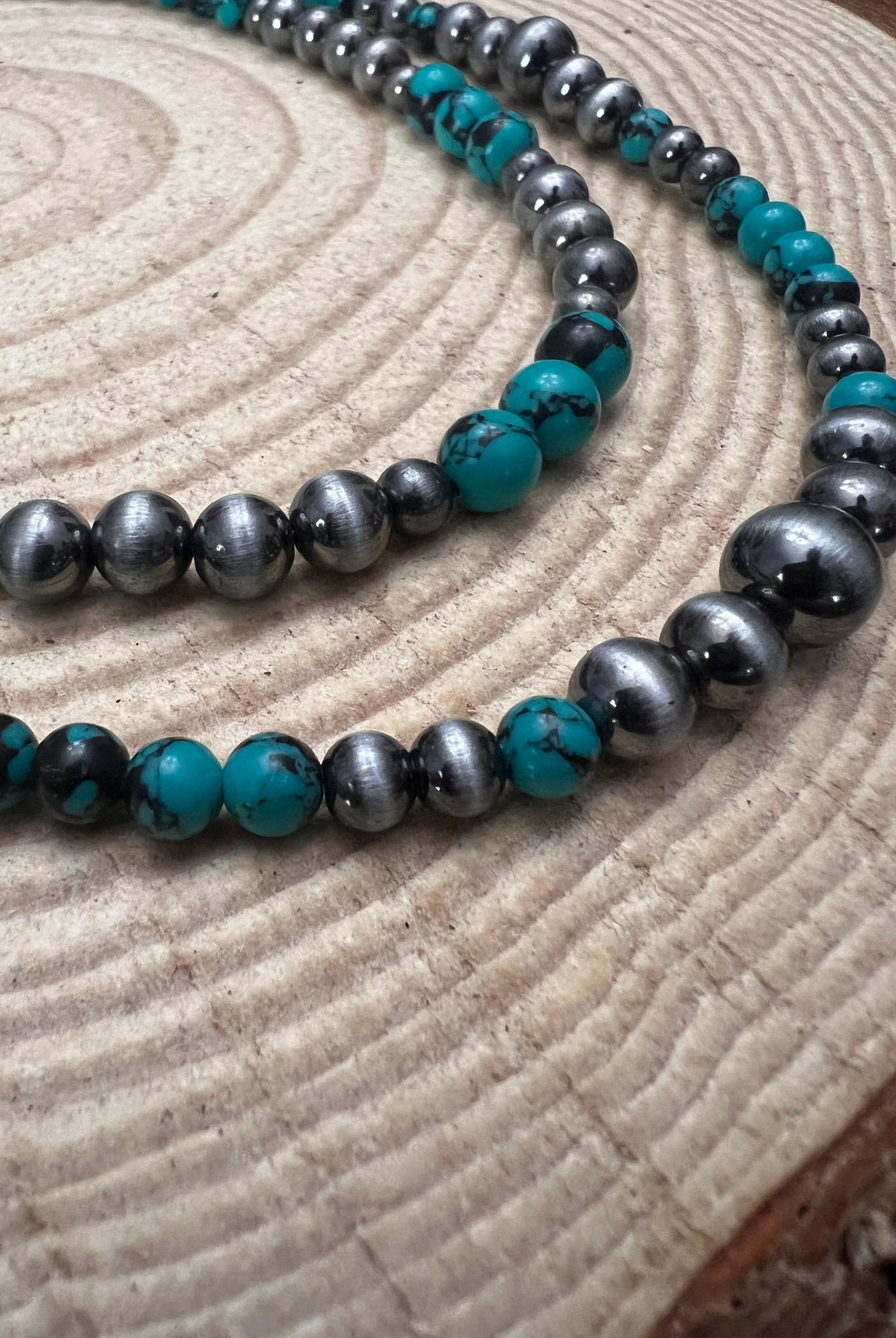 Western Faux Sterling Pearl and Faux Turquoise Necklace - 18 and 22 inch set - Cowhide and Conchos