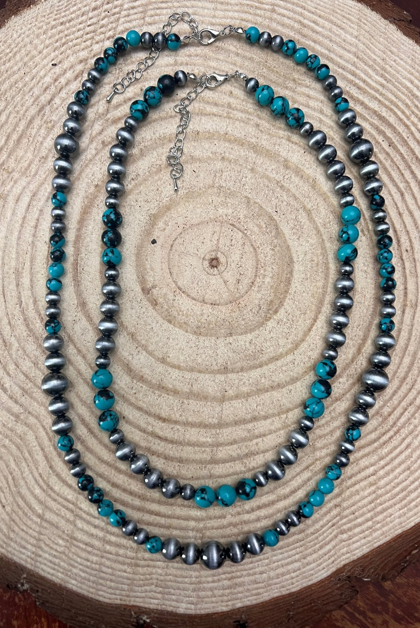Western Faux Sterling Pearl and Faux Turquoise Necklace - 18 and 22 inch set - Cowhide and Conchos