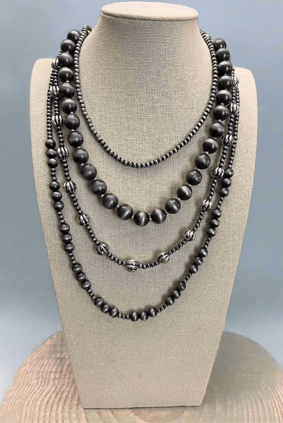 Western Faux Sterling Pearl Necklace Set - 16, 18, 20 and 22 inch set - Cowhide and Conchos