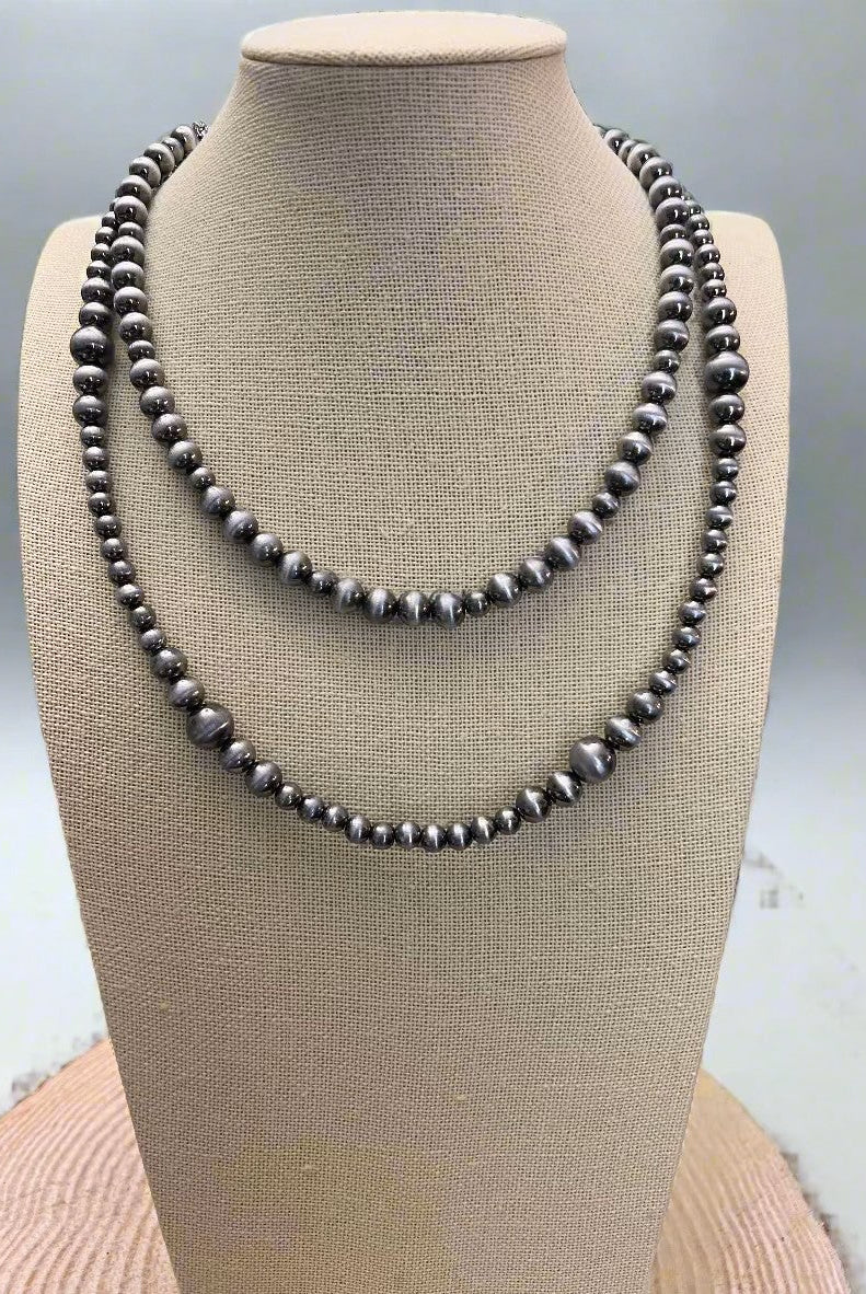 Western Faux Sterling Pearl Necklace Set — 18" & 22" Graduated Bead Duo (5/6/8mm) - Cowhide and Conchos