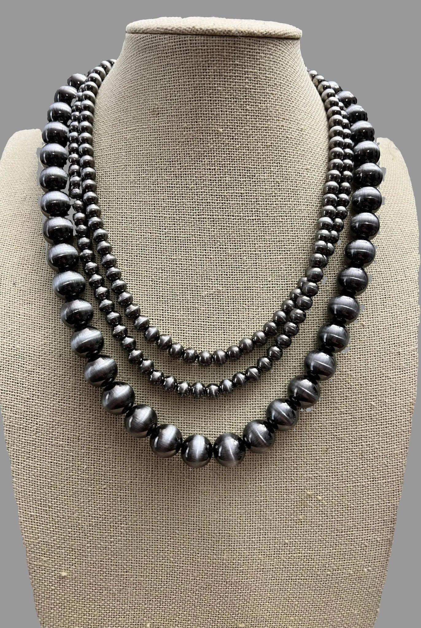 Western Faux Sterling Pearl Necklace Set - Layered 3 strand set - Cowhide and Conchos