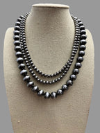 Western Faux Sterling Pearl Necklace Set - Layered 3 strand set - Cowhide and Conchos