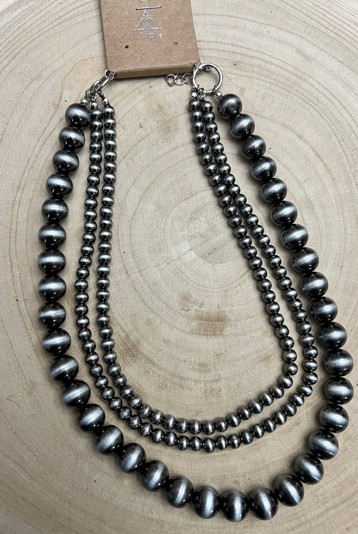 Western Faux Sterling Pearl Necklace Set - Layered 3 strand set - Cowhide and Conchos