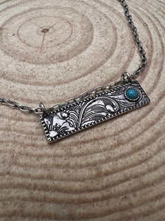 Western Faux Tooled Bar Necklace with Faux Turquoise - 18 inch + 3 - Cowhide and Conchos