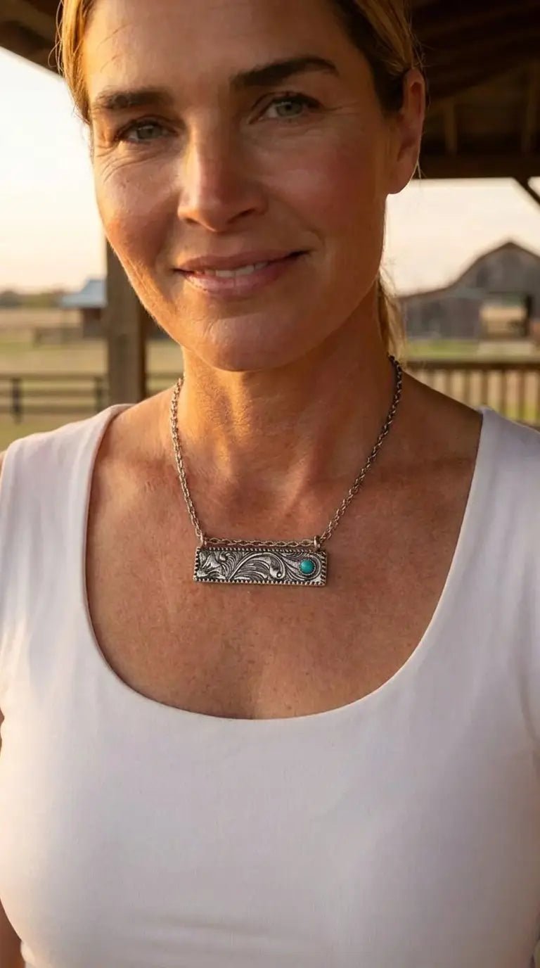 Western Faux Tooled Bar Necklace with Faux Turquoise — 18 Inch with Extender - Cowhide and Conchos